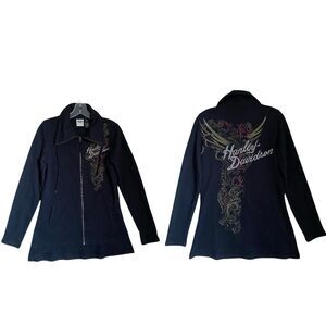 Harley Davidson Sweatshirt Women M Black Full Zip Double Side Graphic Rhinestone